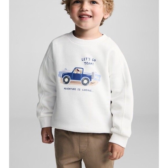 MNG MANGO White Crew Sweatshirt Kids 5-6 Lets Go Team Path Print Truck Dogs - Picture 1 of 9